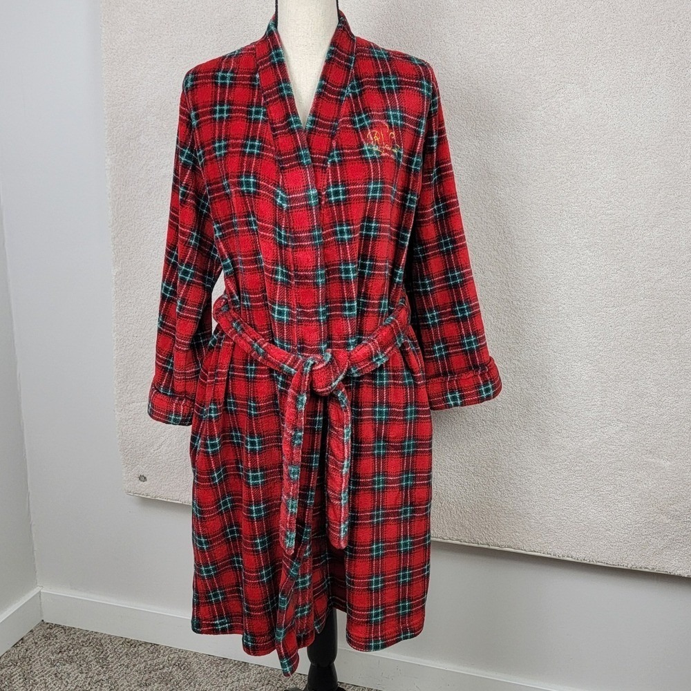Lauren Ralph Lauren Plaid Robe‎ Women Large Red Excellent Fleece Monogram Belted - Picture 2 of 12